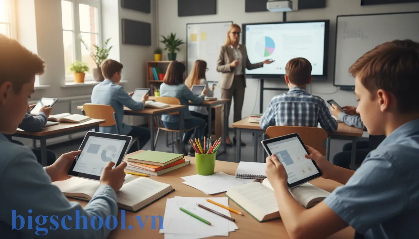 8 quy định nội quy lớp học cấp 3 chuẩn tích hợp công nghệ 2026 2 Học sinh sử dụng máy tính bảng và điện thoại thông minh phục vụ học tập trong lớp học hiện đại.