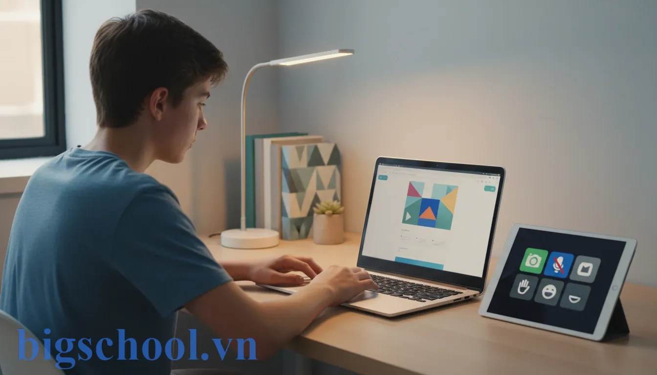 Học sinh sử dụng máy tính học tập trực tuyến nghiêm túc theo quy định nề nếp số.