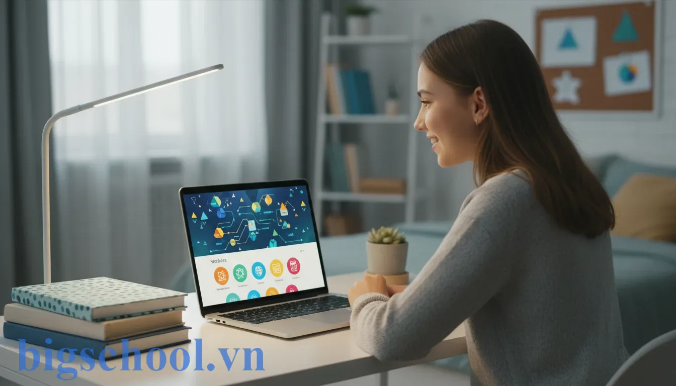 Học sinh sử dụng nền tảng giáo dục trực tuyến BigSchool để tự học tin học tại nhà.