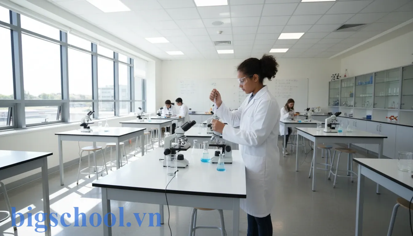 Học sinh sử dụng và bảo quản thiết bị phòng thí nghiệm hiện đại theo đúng nội quy nhà trường.