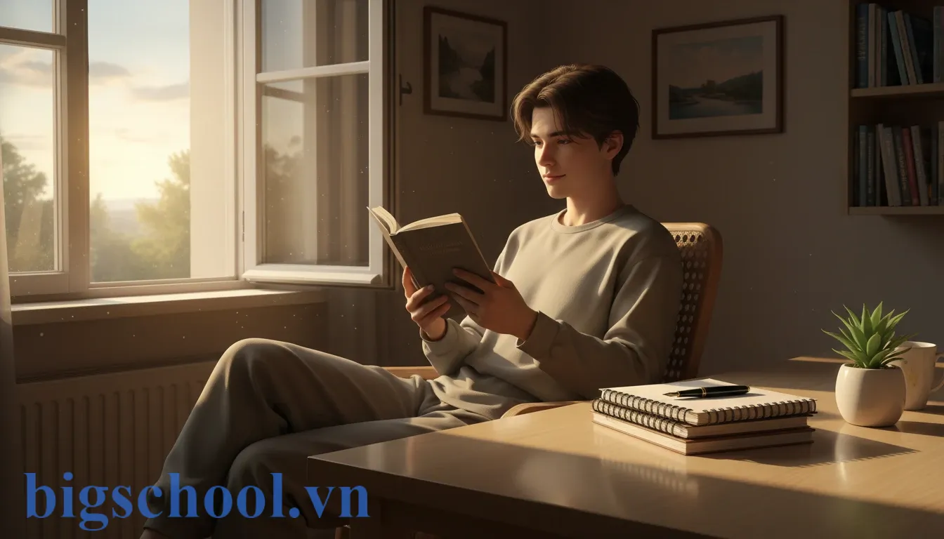 Học sinh tận dụng thời gian nhàn rỗi để đọc sách và suy ngẫm bên bàn học ngăn nắp.