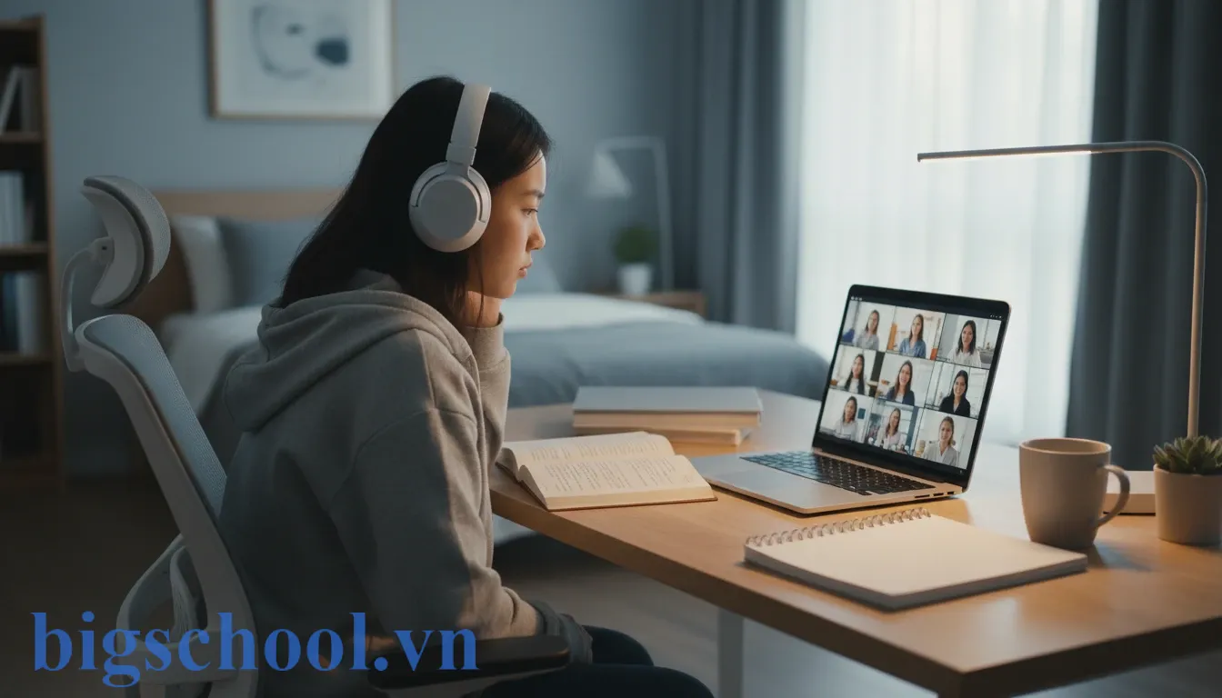 Học sinh tham gia lớp học trực tuyến một cách tập trung trong không gian yên tĩnh.