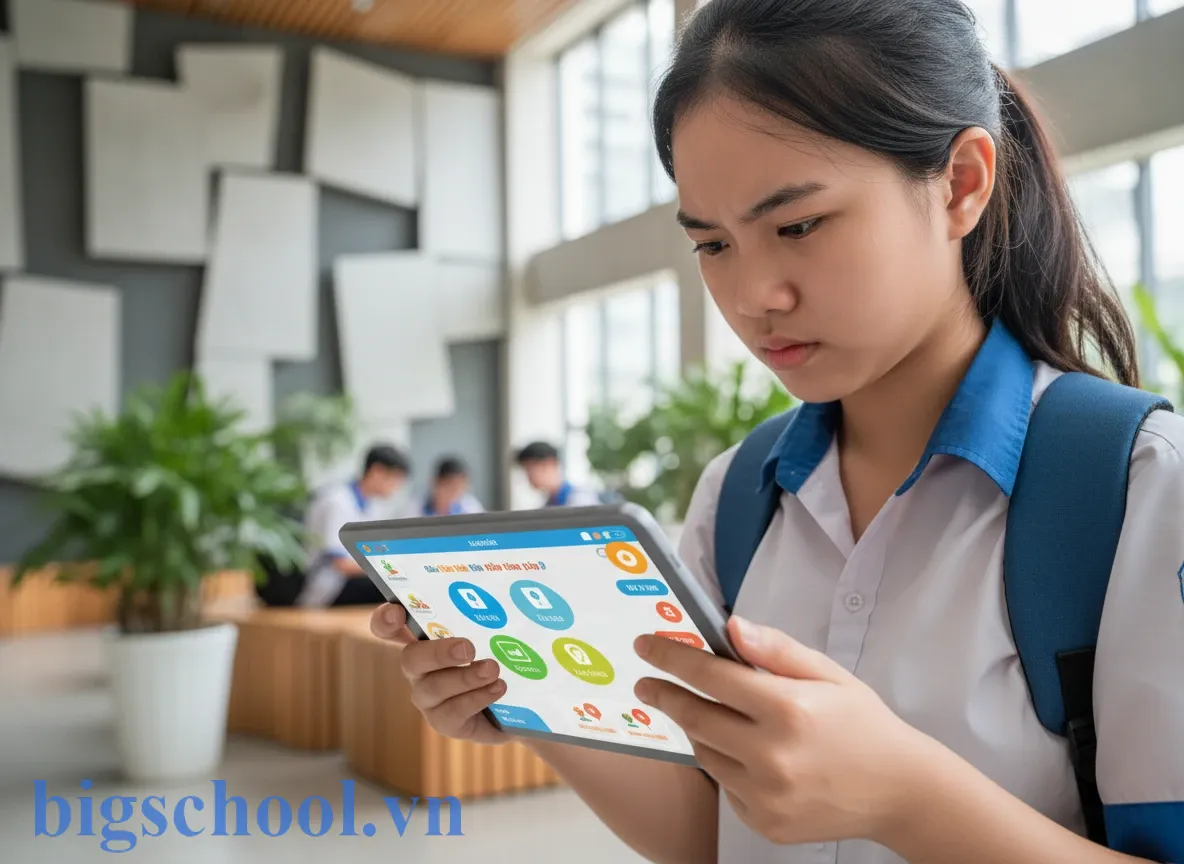 Học sinh THPT sử dụng thiết bị số tham gia đấu trường tri thức trực tuyến để sửa lỗi.