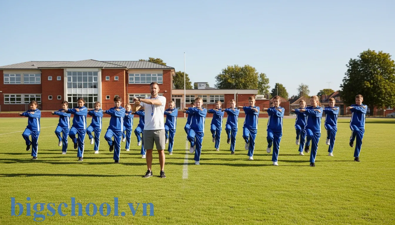 Học sinh thực hiện khởi động đúng kỹ thuật dưới sự giám sát của giáo viên thể dục.