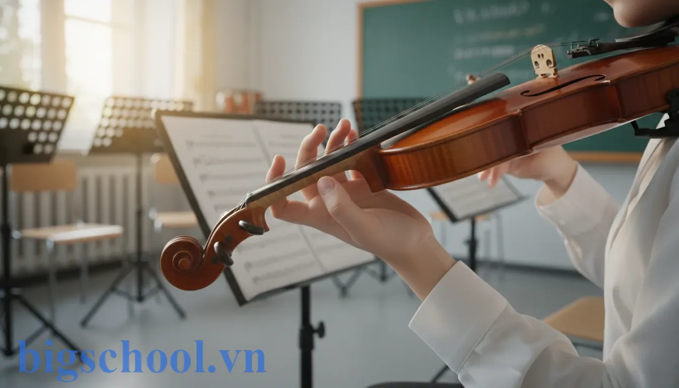 Học sinh thực hiện quy trình bảo quản nhạc cụ dây nhẹ nhàng theo nội quy phòng nhạc.