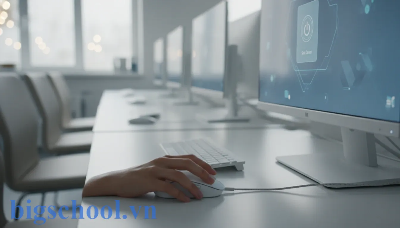 Học sinh thực hiện tắt máy đúng quy trình bằng lệnh shutdown trên hệ điều hành Windows.