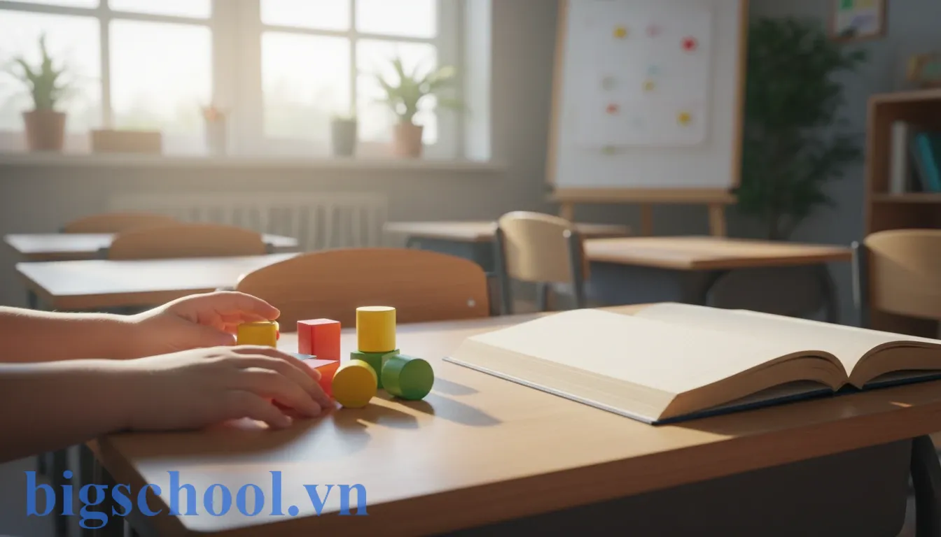 Học sinh tiểu học đang tập đánh vần tiếng Việt bằng các khối hình học theo phương pháp công nghệ giáo dục.