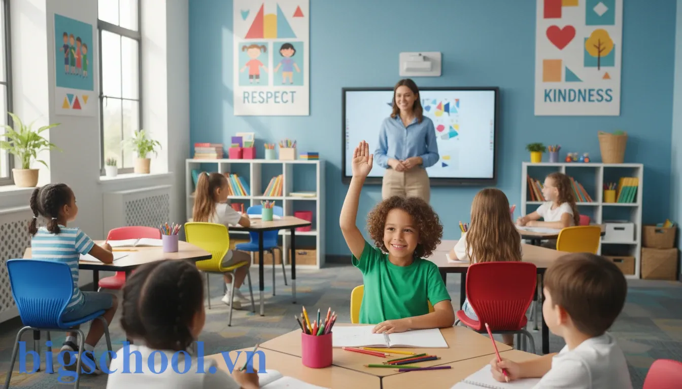Học sinh tiểu học giơ tay lịch sự trong lớp học tiếng Anh để tuân thủ nội quy.