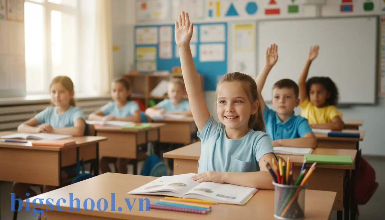 Học sinh tiểu học hăng hái giơ tay phát biểu ý kiến trong giờ học tại lớp học hiện đại.