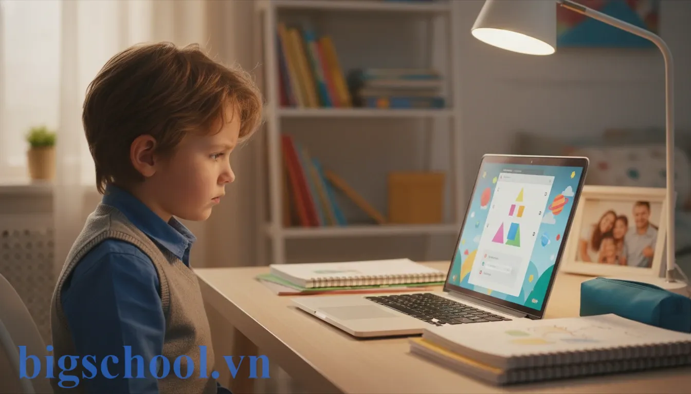 Học sinh tiểu học học trực tuyến nghiêm túc trên máy tính trong không gian học tập tại nhà.