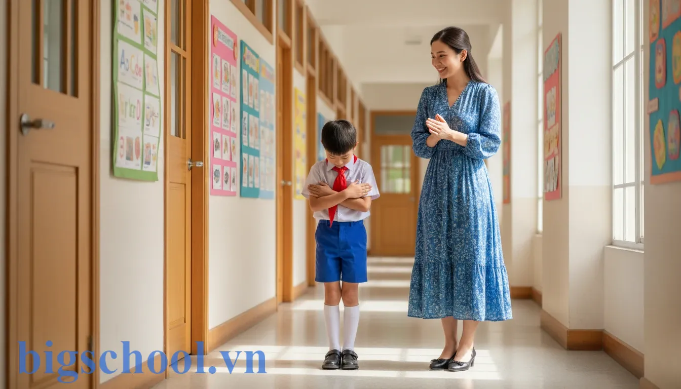 Học sinh tiểu học lễ phép khoanh tay chào thầy cô giáo trong khuôn viên trường học sáng sủa.