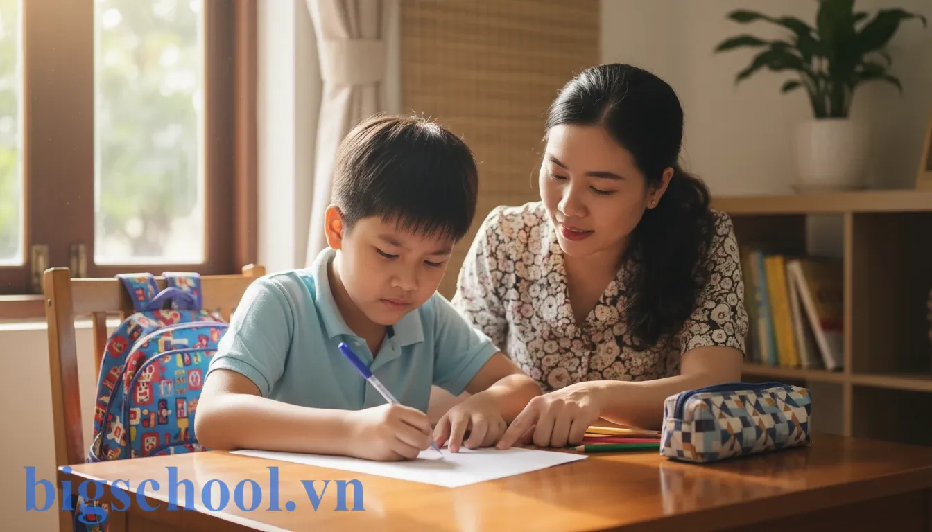 Học sinh tiểu học lớp 3 tại Việt Nam đang nghiêm túc ngồi viết bản kiểm điểm tại bàn học gia đình.