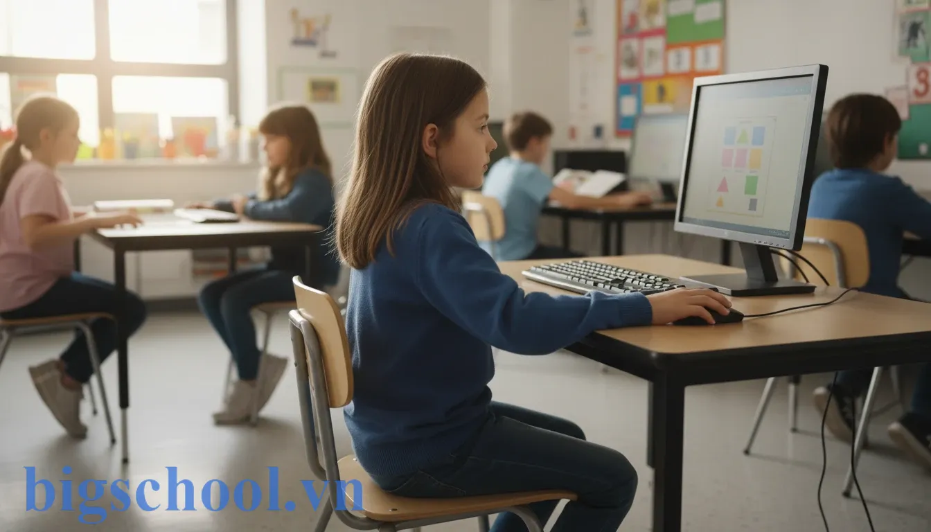 Mẫu nội quy phòng tin học tiểu học chuẩn giúp quản lý lớp học hiệu quả 2 Học sinh tiểu học ngồi đúng tư thế khoa học với lưng thẳng và khoảng cách mắt an toàn.