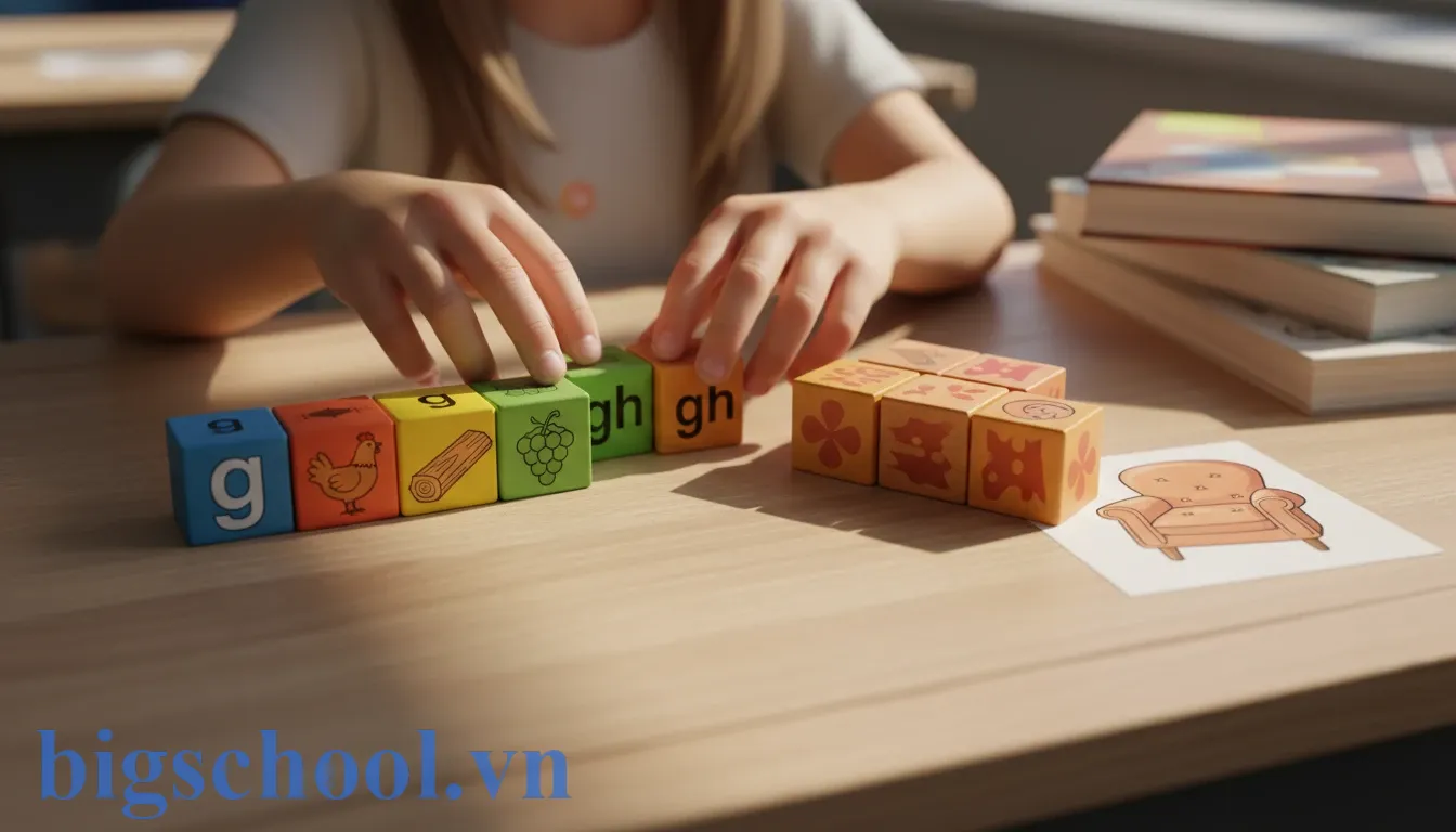 Quy tắc chính tả g/gh: Bí kíp nhớ trong 30 giây cho học sinh Tiểu học 1 Học sinh tiểu học thực hành phân loại nhóm chữ cái g và gh qua bộ đồ chơi gỗ.