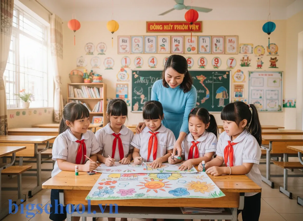 Học sinh tiểu học và giáo viên cùng thảo luận nội quy lớp học theo phương pháp kỷ luật tích cực.