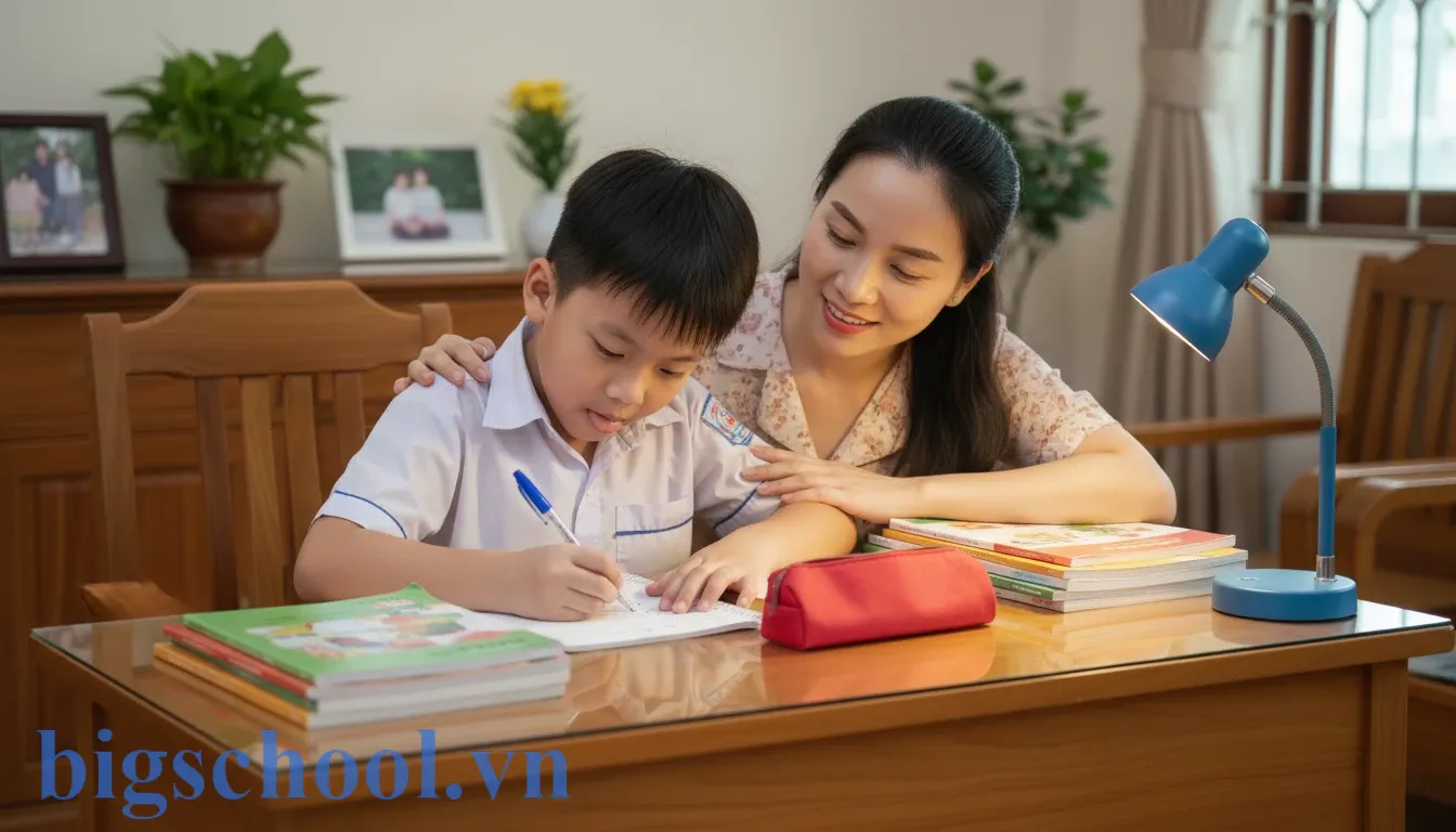 Hướng dẫn cách viết bản kiểm điểm cấp 1 không thuộc bài: 3 Mẫu chuẩn nhất 2025 1 Học sinh tiểu học Việt Nam đang nghiêm túc ngồi viết bản kiểm điểm tại bàn học có sự giám sát của phụ huynh.