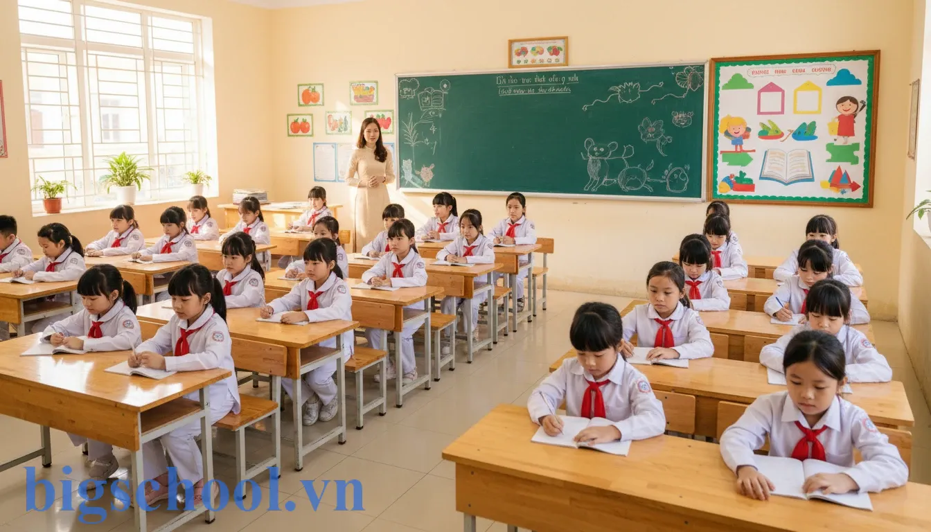 Học sinh tiểu học Việt Nam trong đồng phục và khăn quàng đỏ thực hiện nội quy lớp học.