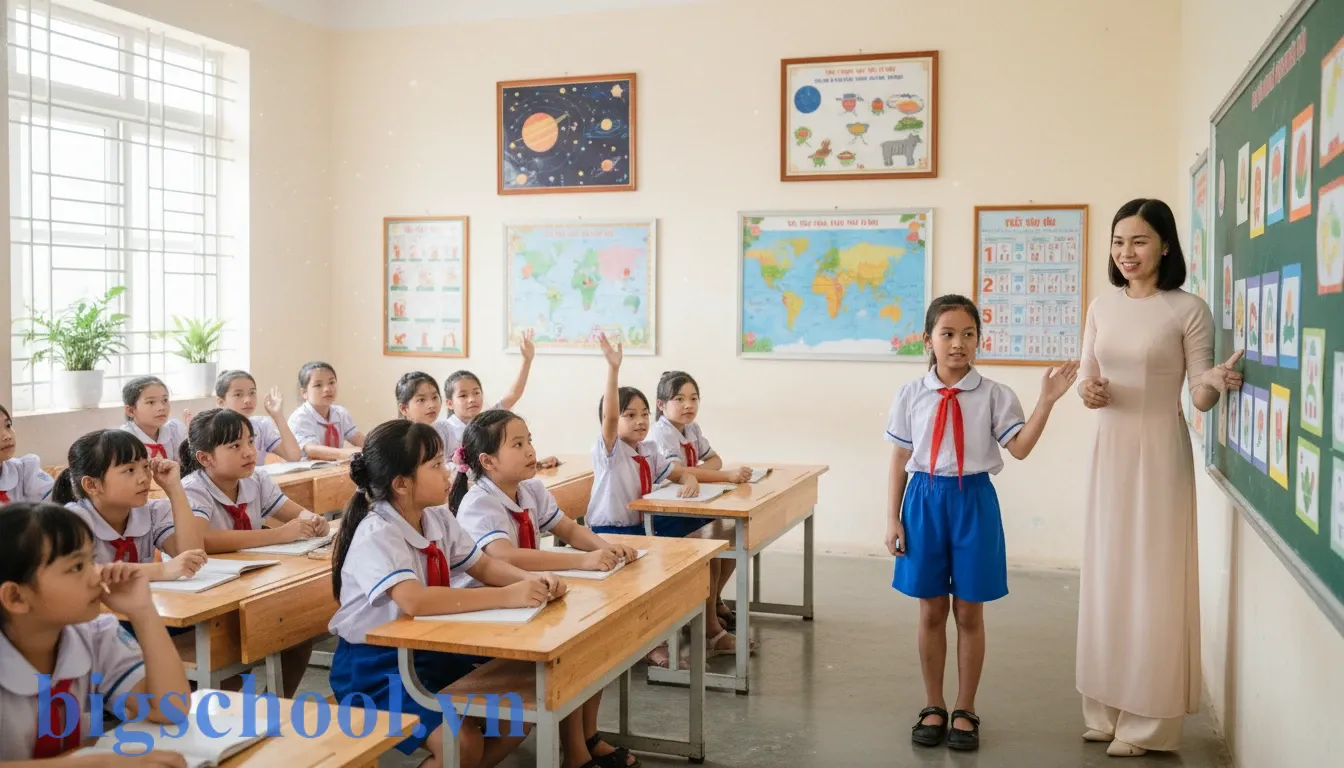 Học sinh tiểu học Việt Nam tự tin thuyết trình về dự án học tập trong môi trường tích cực.