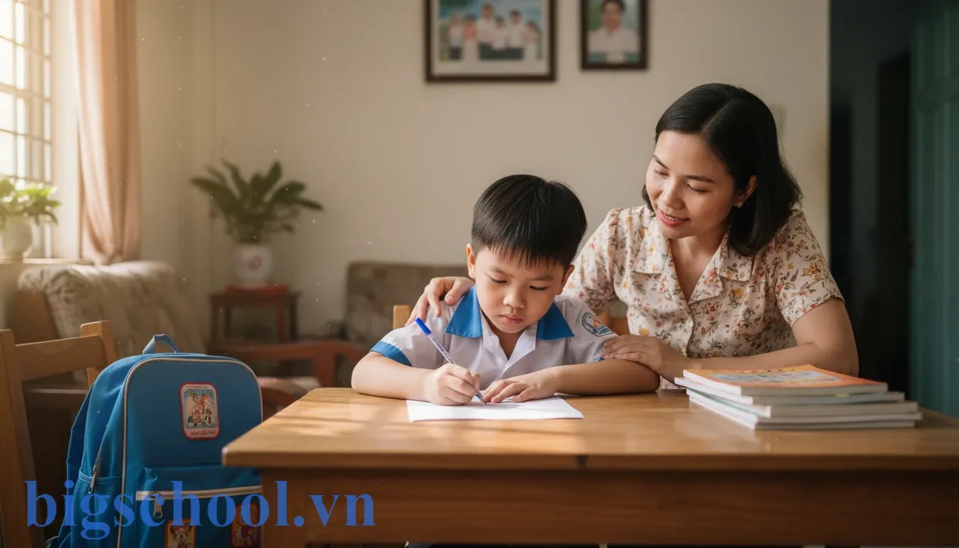 Học sinh tiểu học Việt Nam viết bản kiểm điểm có sự chứng kiến và ký xác nhận của phụ huynh.