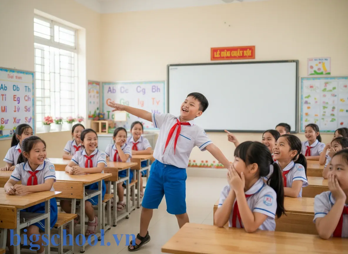 Học sinh tiểu học Việt Nam vui vẻ thực hiện hình phạt vận động hài hước tại lớp.