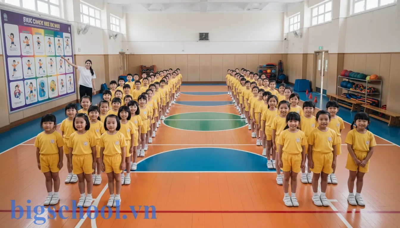 Học sinh tiểu học xếp hàng ngay ngắn và hào hứng tham gia giờ học thể dục.