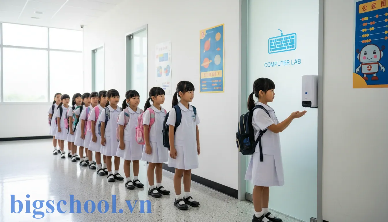 Mẫu nội quy phòng tin học tiểu học chuẩn giúp quản lý lớp học hiệu quả 1 Học sinh tiểu học xếp hàng trật tự và vệ sinh tay sạch sẽ trước khi vào phòng máy tính.