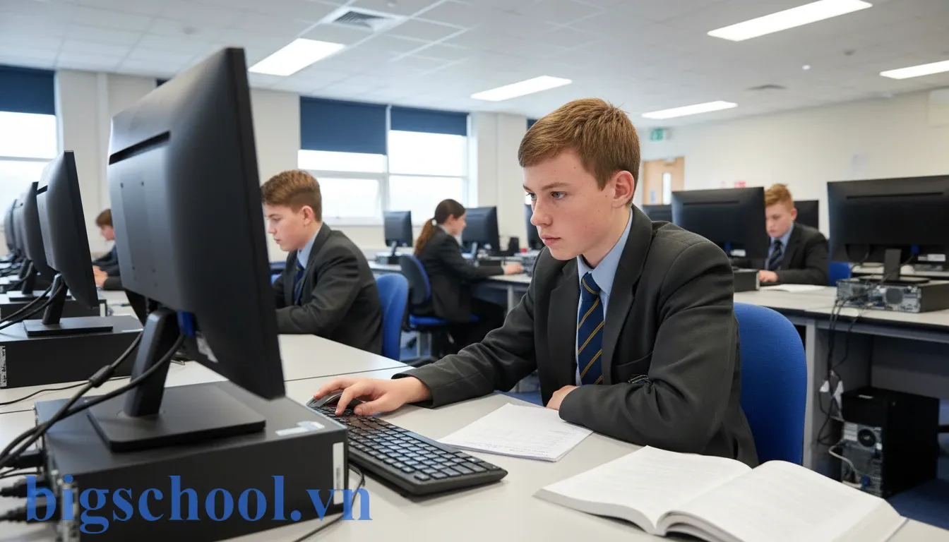Học sinh trung học cơ sở đang thực hiện quy trình kiểm tra thiết bị máy tính trước giờ học.