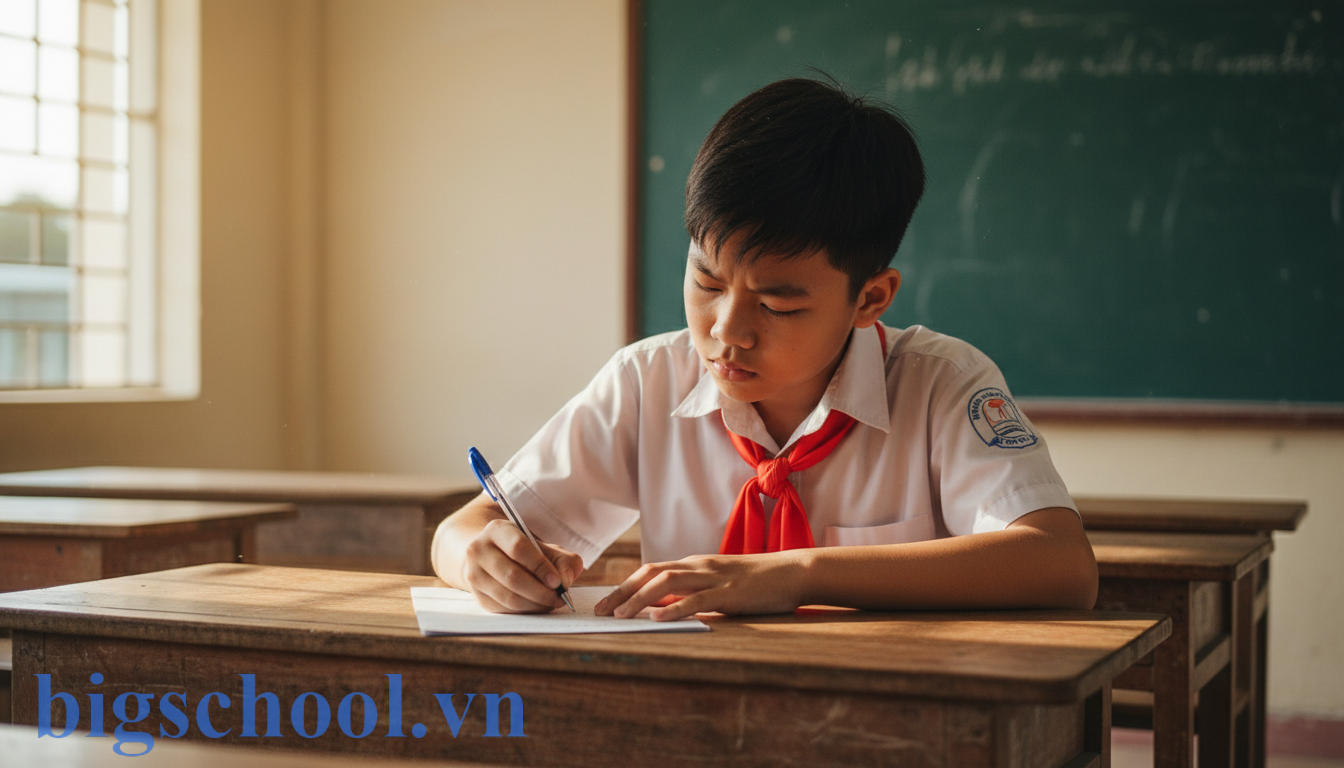 Học sinh trung học cơ sở Việt Nam đeo khăn quàng đỏ đang viết tay bản kiểm điểm thành khẩn.