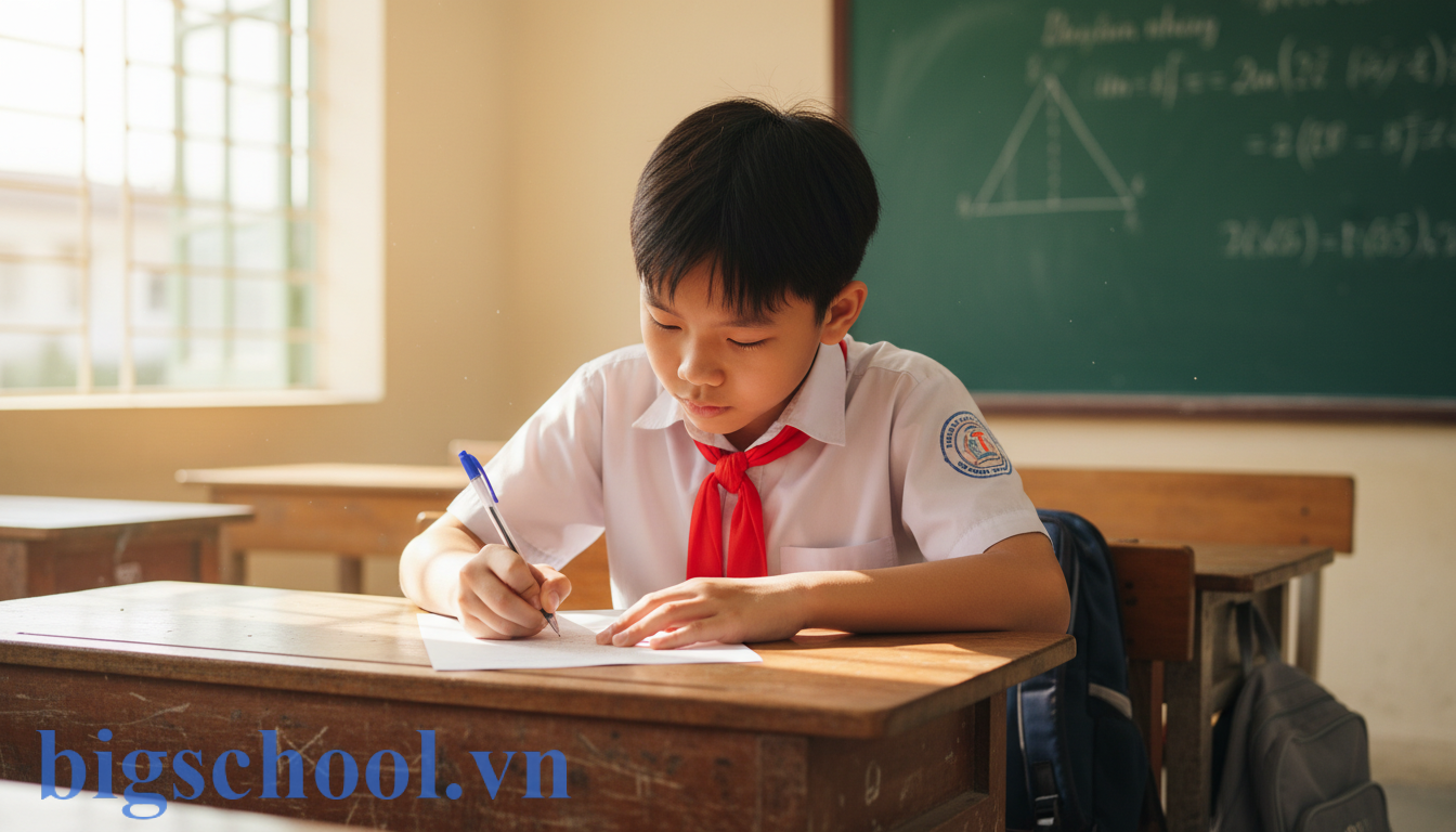 Học sinh trung học cơ sở Việt Nam nghiêm túc ngồi viết bản kiểm điểm tại bàn học trong lớp.