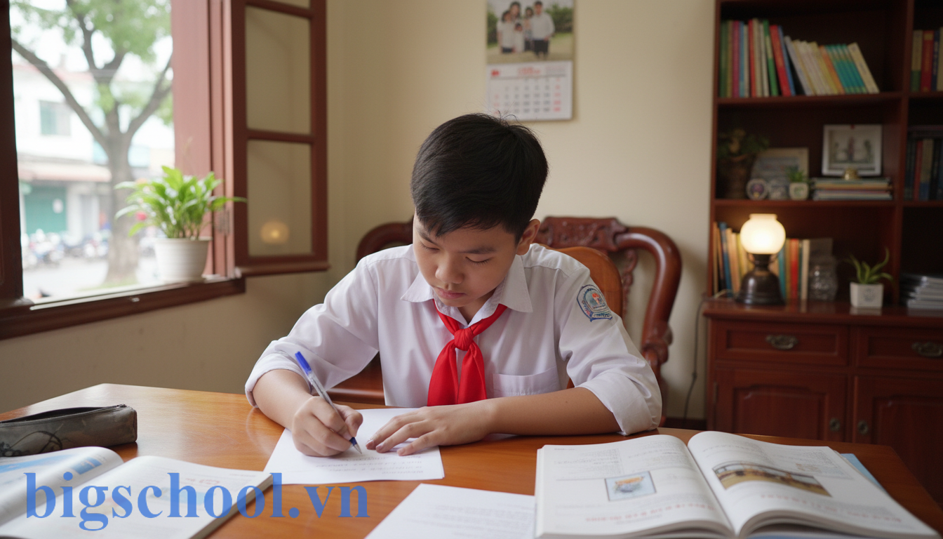 Mẫu viết bản kiểm điểm cấp 2 nghỉ học không phép: Hướng dẫn chi tiết & 3 Bài mẫu chuẩn nhất 2025 1 Học sinh trung học cơ sở Việt Nam nghiêm túc viết bản kiểm điểm hối lỗi tại nhà.