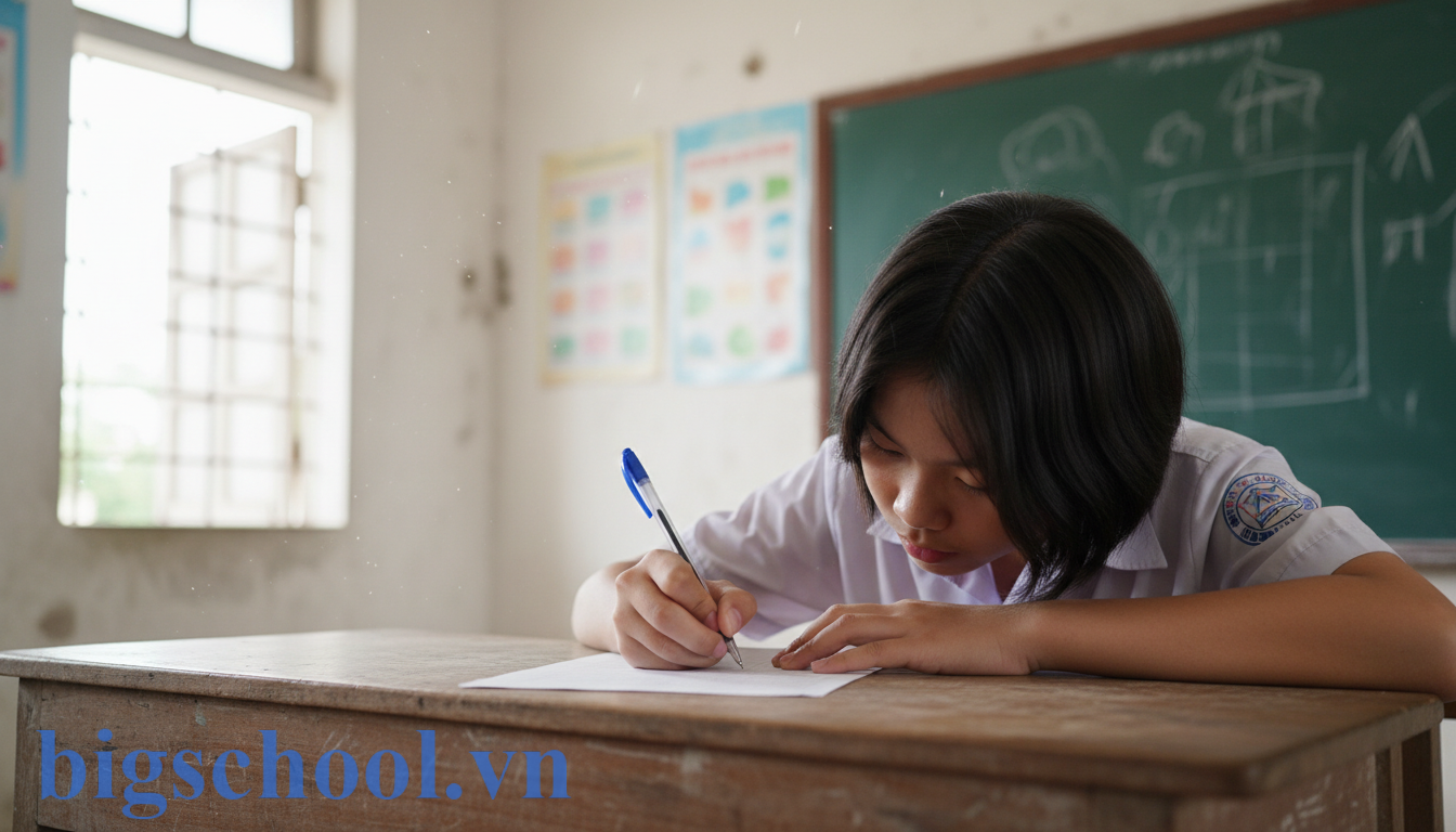 Mẫu viết bản kiểm điểm cấp 2 làm việc riêng: Cách viết chân thành, thầy cô tha thứ ngay 1 Học sinh trung học cơ sở Việt Nam nghiêm túc viết bản kiểm điểm tại bàn học.