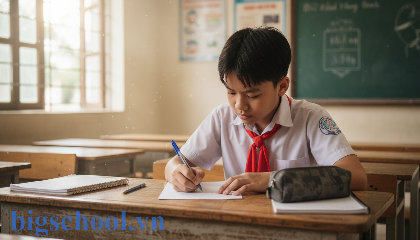 4 Cách viết bản kiểm điểm cấp 2 đi học muộn chuẩn nhất 2025: Mẫu hay & Dễ được tha lỗi 1 Học sinh trung học cơ sở Việt Nam tập trung viết bản kiểm điểm tay thể hiện sự thành khẩn.