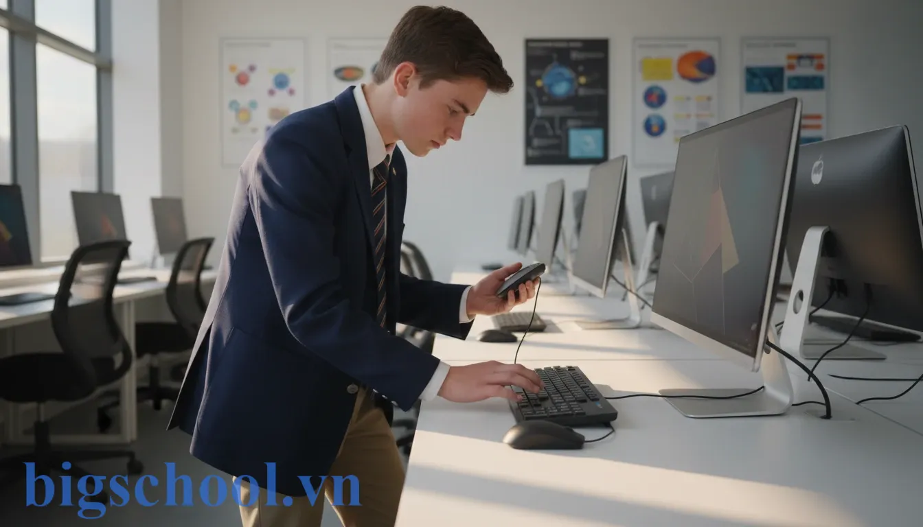 Học sinh trung học đang thực hiện kiểm tra chuột và bàn phím tại phòng tin học trường học.