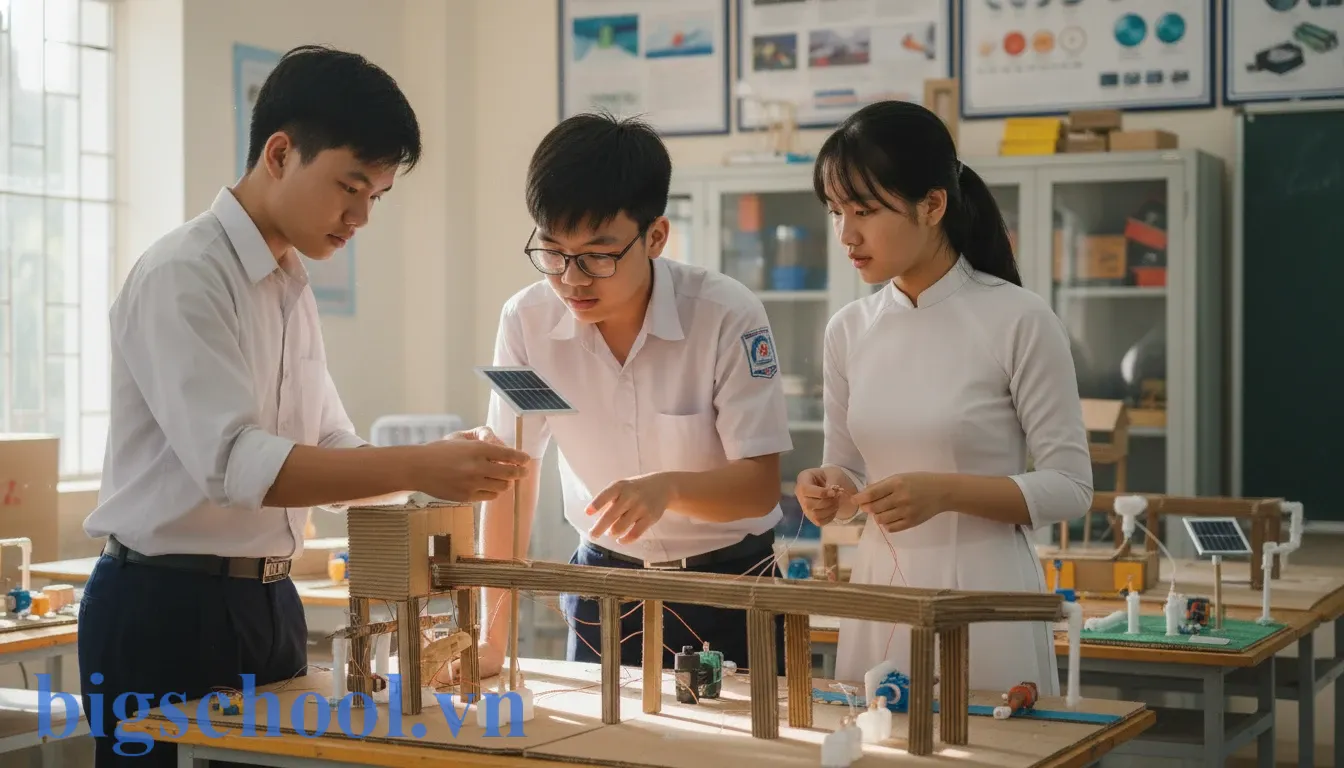 Phương pháp dạy học tích cực: 6 Kỹ thuật phát triển năng lực học sinh hiệu quả nhất 2025 2 Học sinh trung học Việt Nam cùng nhau hoàn thiện dự án mô hình kiến trúc sáng tạo.