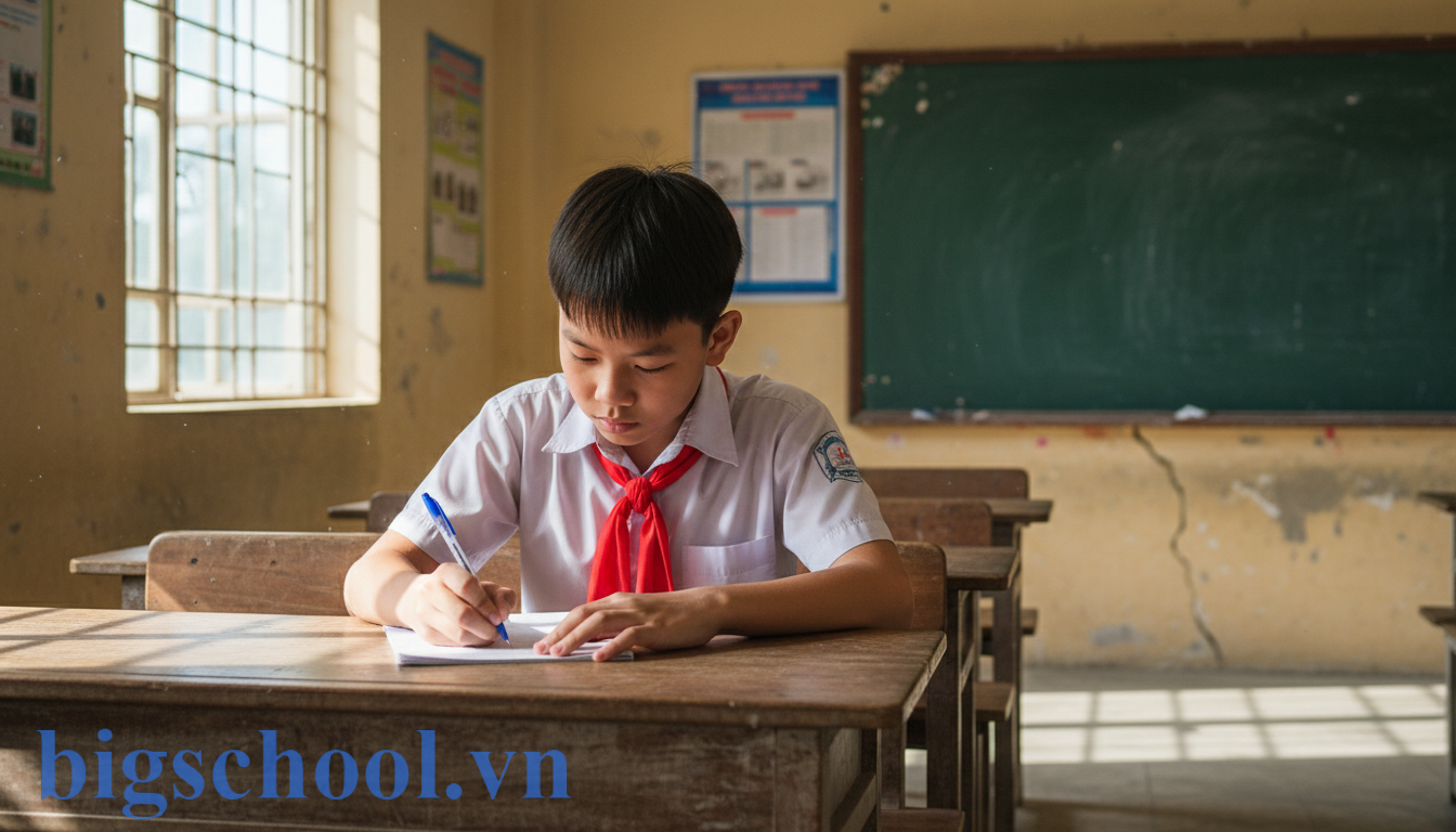5 Cách viết bản kiểm điểm cấp 2 ngắn gọn: Mẫu chuẩn & Thuyết phục nhất 2025 1 Học sinh trung học Việt Nam đeo khăn quàng đỏ đang ngồi viết bản kiểm điểm tại lớp học.
