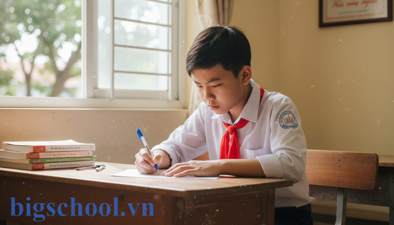 Học sinh trung học Việt Nam mặc đồng phục trắng và đeo khăn quàng đỏ đang viết bản kiểm điểm.