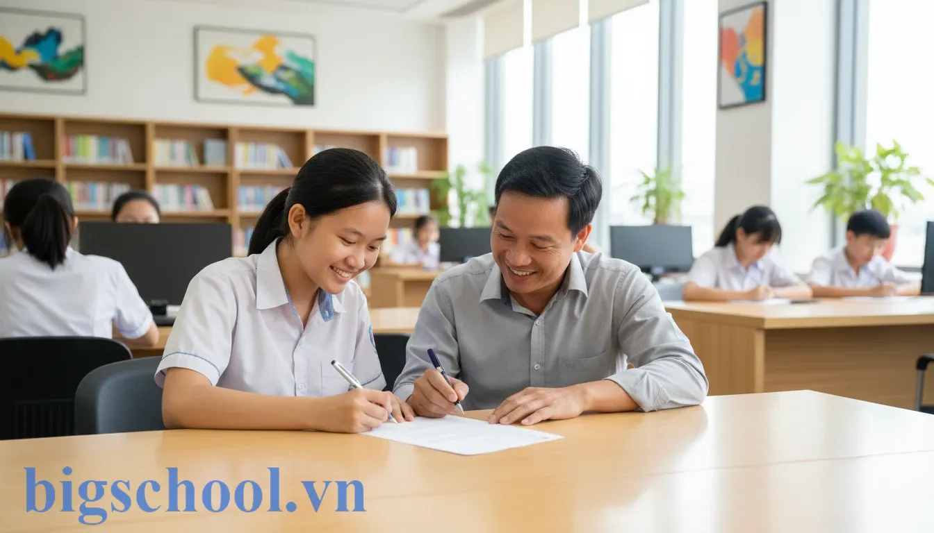 Học sinh và phụ huynh cùng ký cam kết tự nguyện đăng ký học thêm tại trung tâm giáo dục.