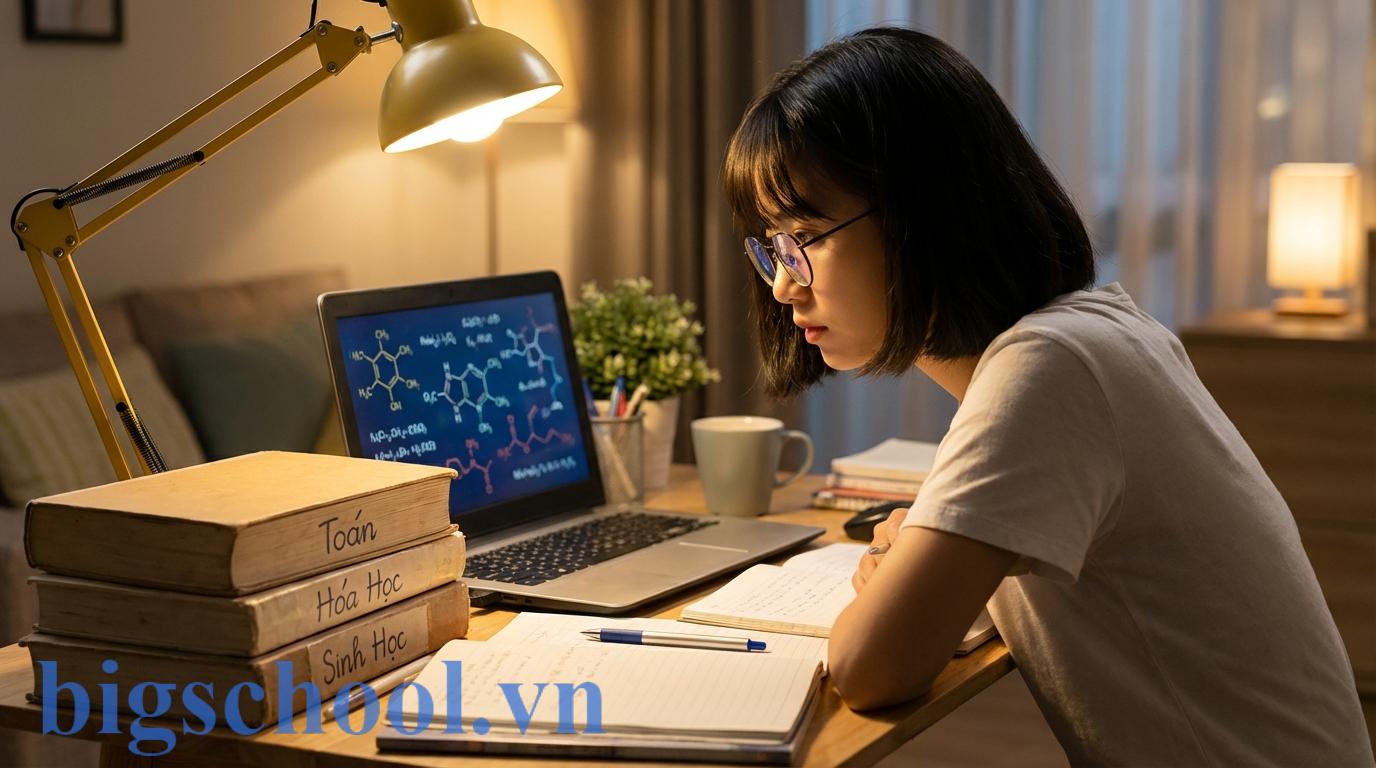 Học sinh Việt Nam đang học các chuyên đề Toán Hóa Sinh nâng cao qua máy tính.