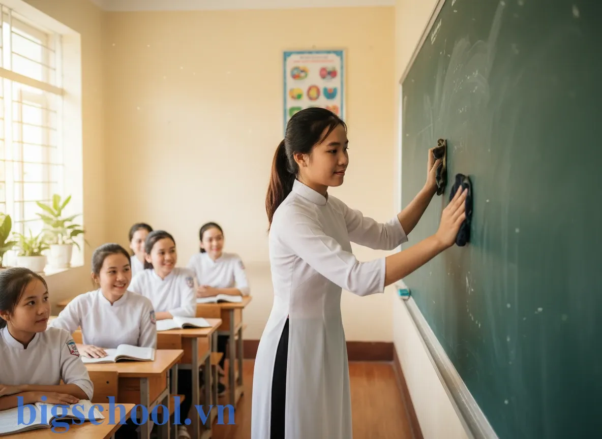 Giáo viên có được phạt tiền học sinh không? Quy định 2025 & Giải pháp thay thế 3 Học sinh Việt Nam đang lau bảng và sắp xếp bàn ghế như một hình thức kỷ luật tích cực.