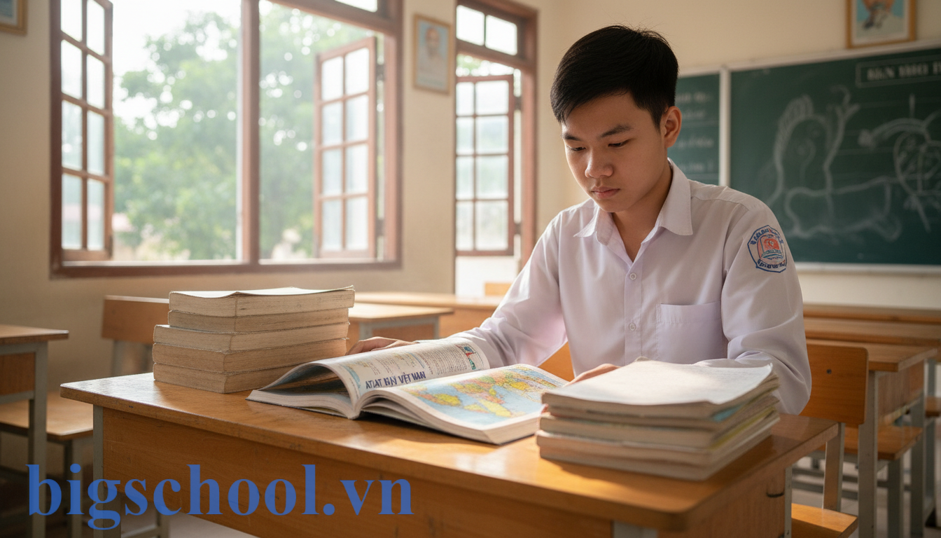 Học sinh Việt Nam đang tập trung ôn luyện tổ hợp khối C20 với sách Ngữ văn và Atlat Địa lý.