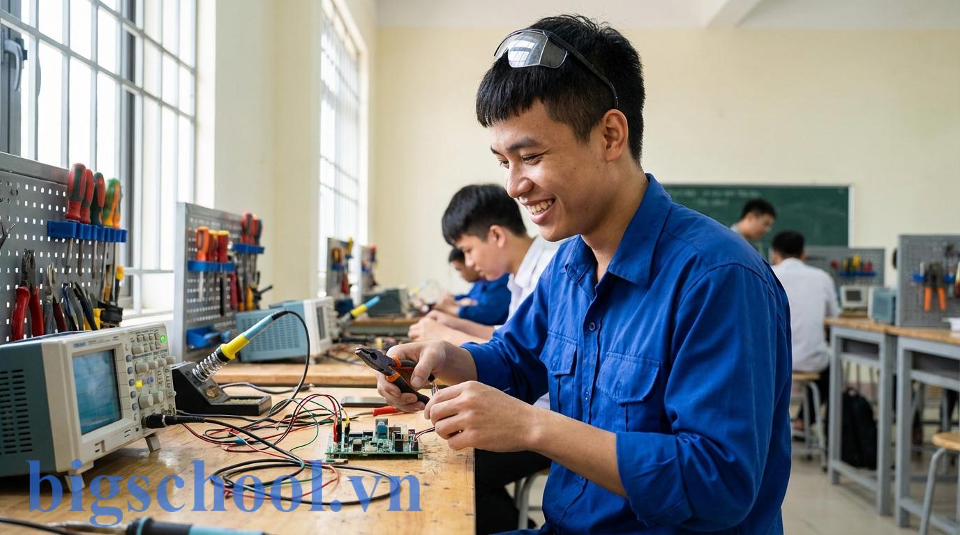 Học sinh Việt Nam đang thực hành nghề nghiệp thực tế tại một trung tâm đào tạo kỹ thuật.