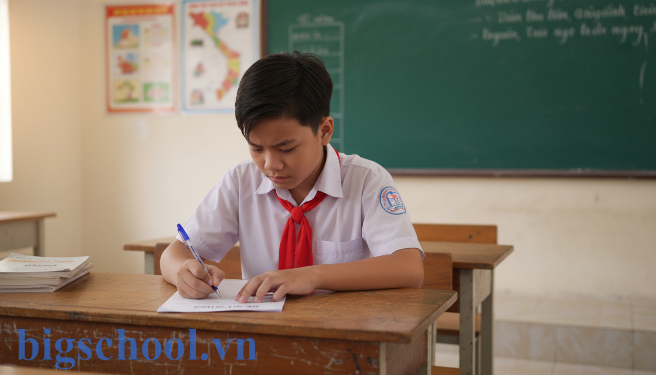3 Cách Viết Bản Kiểm Điểm Cấp 2 Đánh Nhau: Mẫu Chuẩn & Lời Xin Lỗi Hay Nhất 2025 1 Học sinh Việt Nam đeo khăn quàng đỏ đang viết bản kiểm điểm với thái độ thành khẩn tại lớp.