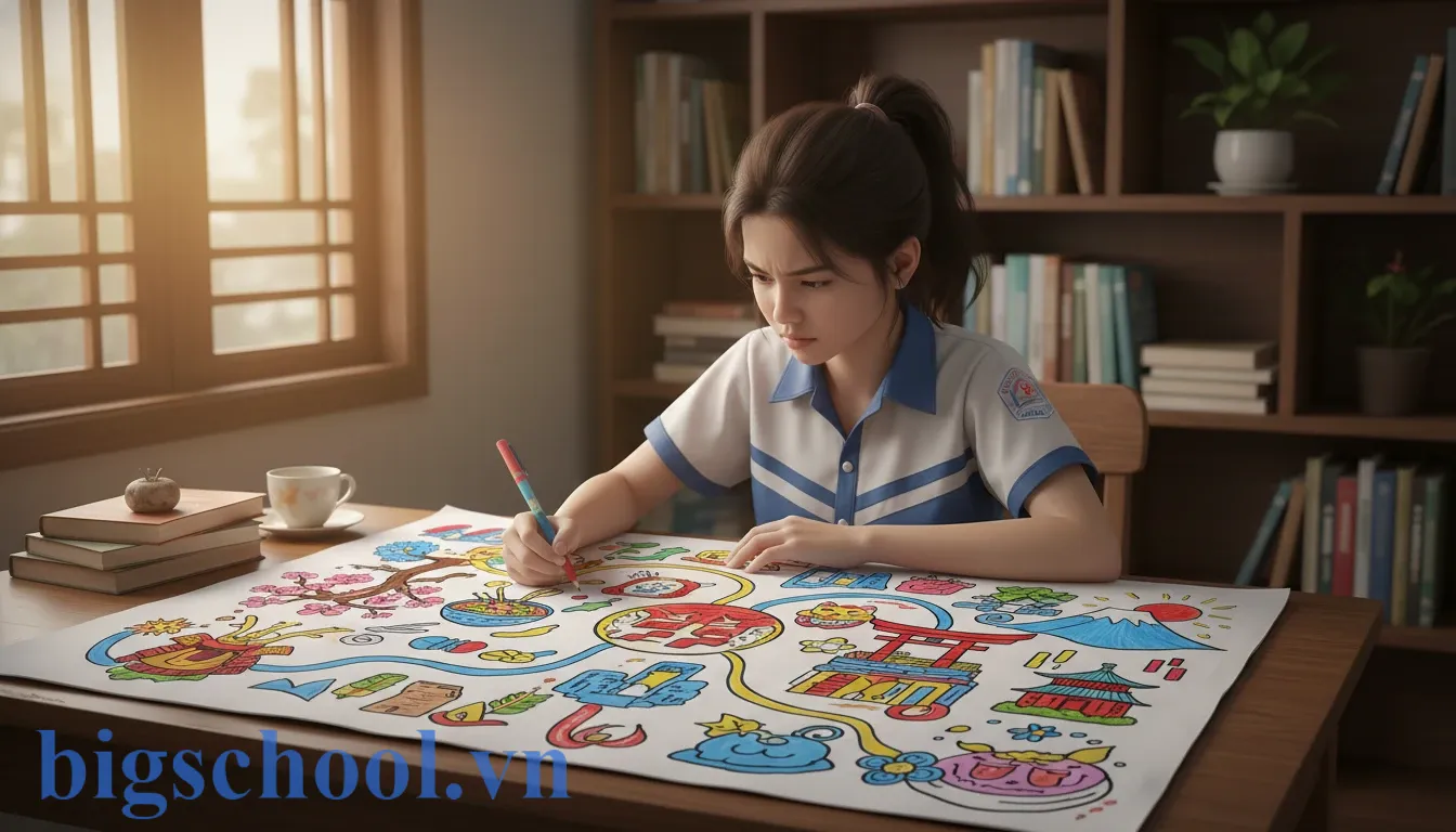 5 Phương pháp học Kanji hiệu quả: Nhớ siêu tốc, chống quên (2025) 1 Học sinh Việt Nam học Kanji qua sơ đồ tư duy hình ảnh sinh động giúp nhớ lâu.