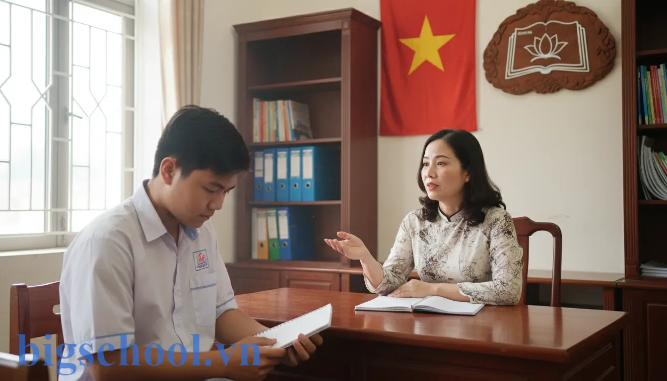 Học sinh Việt Nam hối lỗi trao đổi với giáo viên về vi phạm quy chế thi để phục hồi hạnh kiểm.