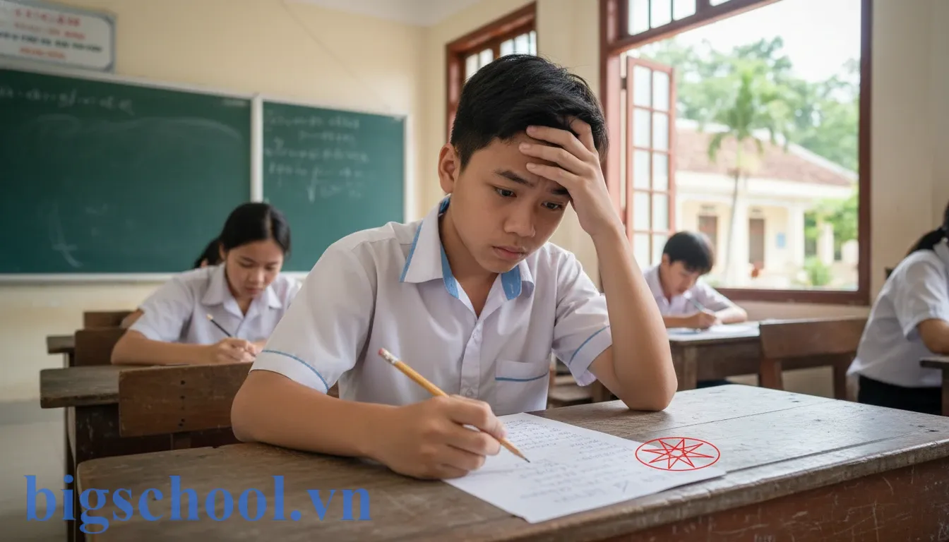 Học sinh Việt Nam lo lắng khi bài thi bị đánh dấu ký hiệu lạ dẫn đến trừ điểm.