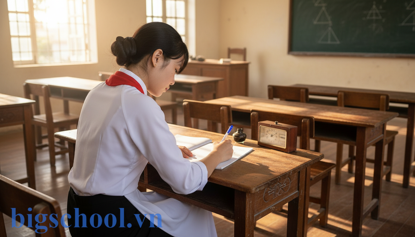 Học sinh Việt Nam nghiêm túc viết bản kiểm điểm tại bàn học trong không gian lớp học.