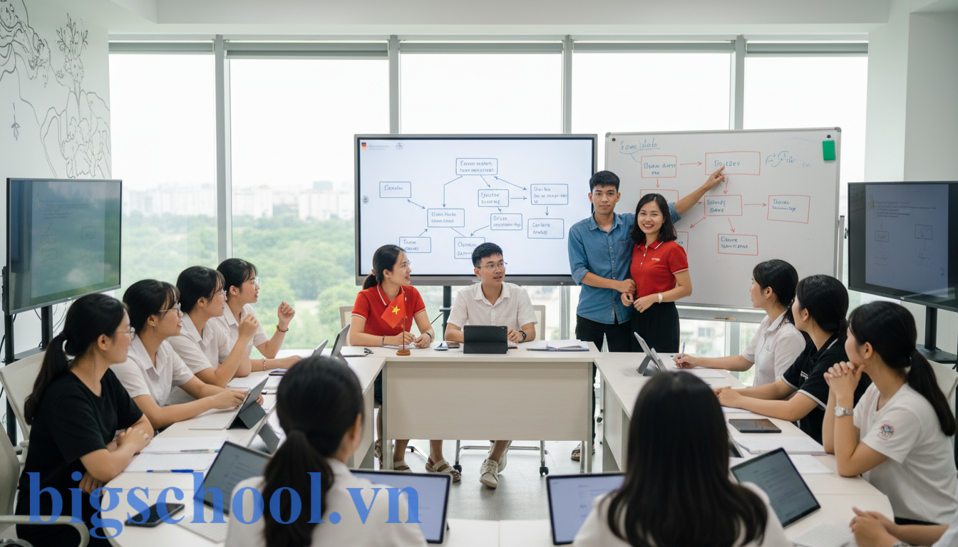 Học GDTX có đi du học nghề Đức được không 2026? 3 Học sinh Việt Nam tại lớp học ngôn ngữ đang nỗ lực chinh phục chứng chỉ tiếng Đức B2.