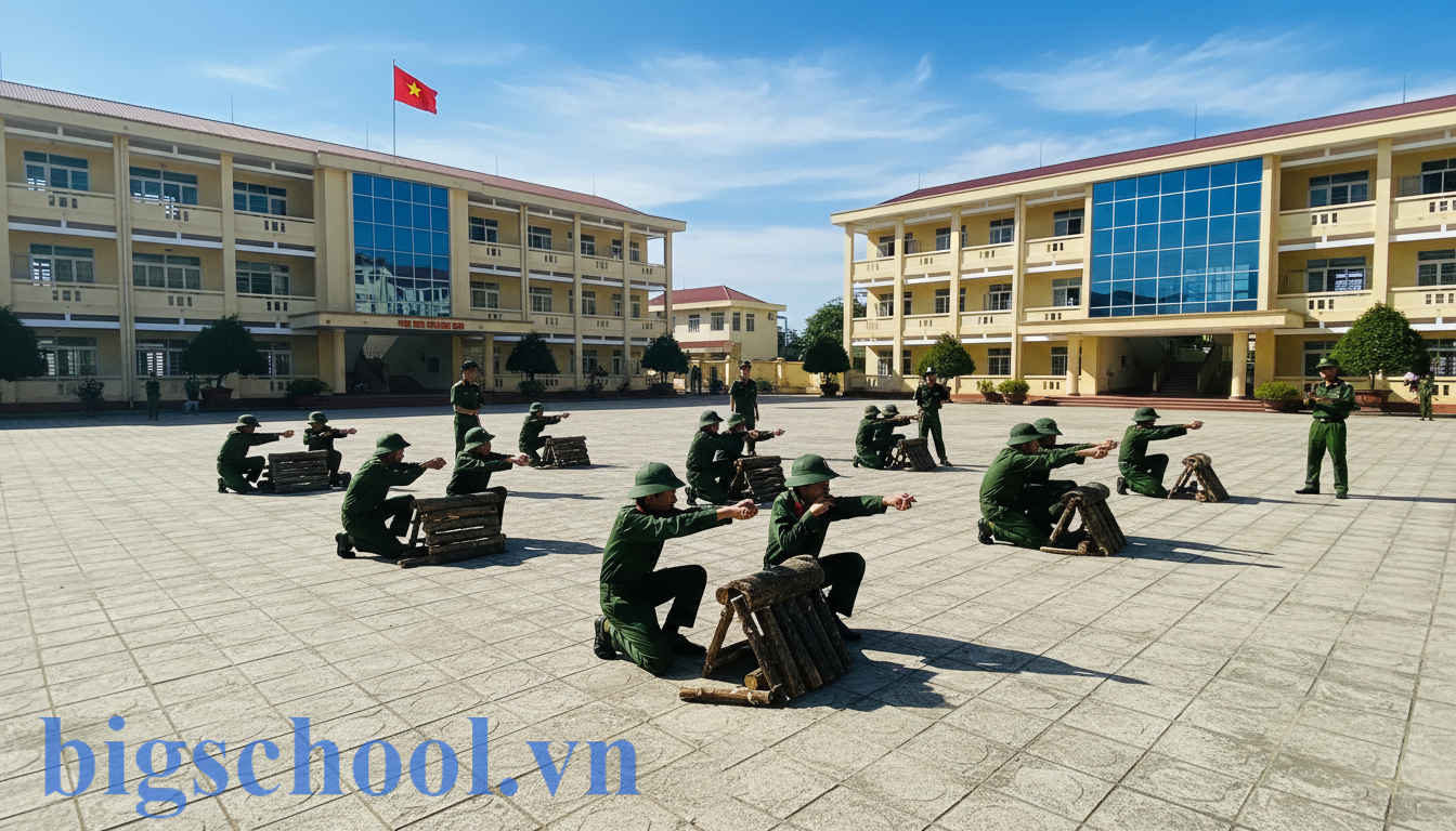 Học sinh Việt Nam tham gia giờ học Giáo dục Quốc phòng tại sân trường THPT.