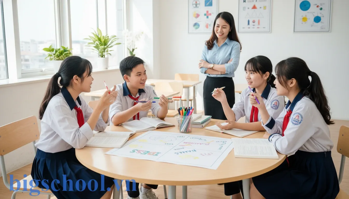 Học sinh Việt Nam thảo luận nhóm tích cực trong giờ học theo kỹ thuật khăn trải bàn hiện đại.