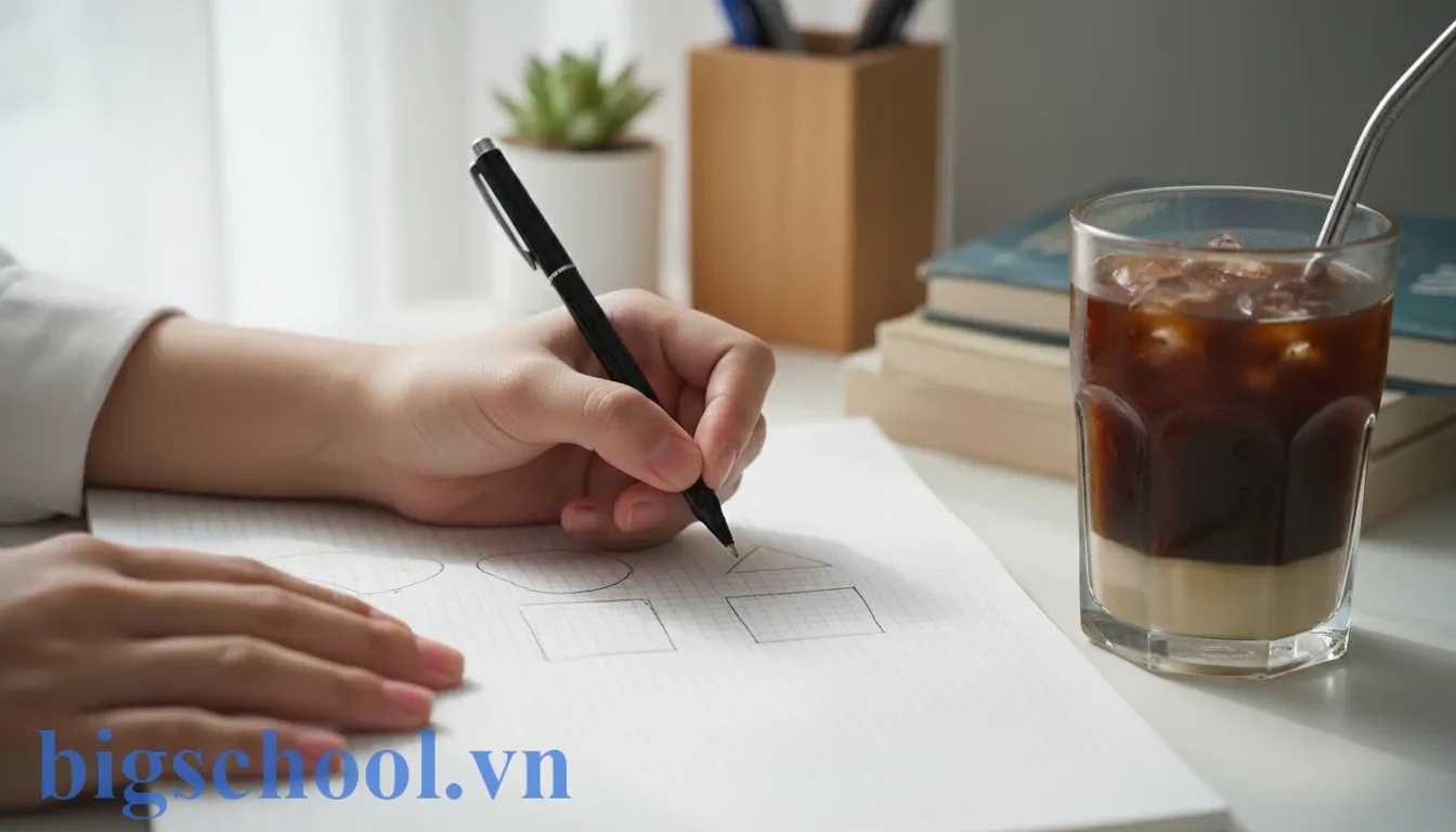 Học sinh Việt Nam vẽ các hình khối cơ bản vào sổ tay để phân loại thông tin.